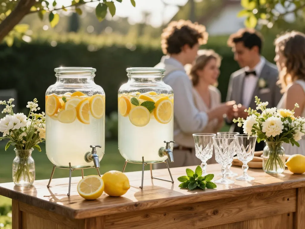 Bar à limonade artisanal décoré de fleurs et de bois pour un vin d'honneur de mariage champêtre en extérieur.