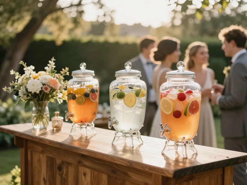 Fontaines à boisson en verre élégantes et décoration florale raffinée sur une table en bois lors d'un vin d'honneur de mariage en extérieur.