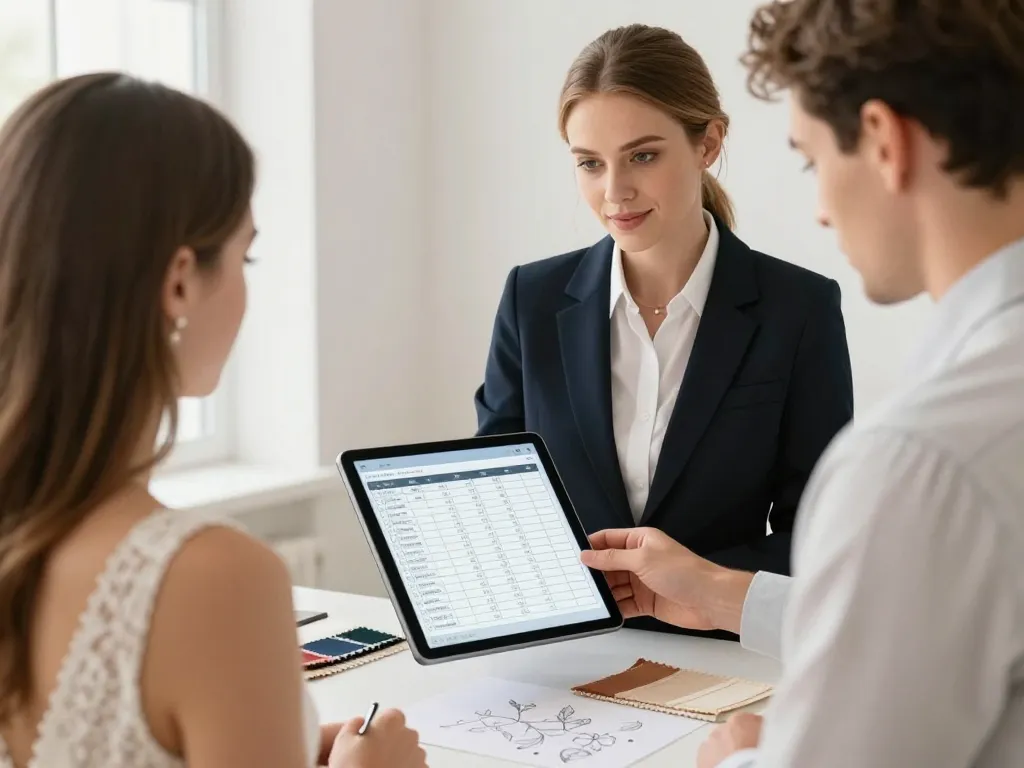 Une scénographe présente une analyse des dépenses par zone et un projet de décoration pour une cérémonie laïque à un futur couple de mariés.