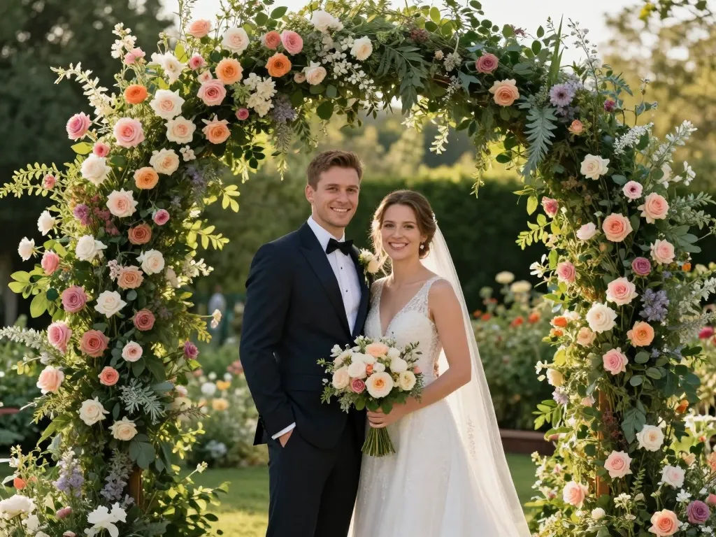 Couple de mariés souriants sous une grande arche fleurie dans un jardin ensoleillé lors d'un mariage champêtre.