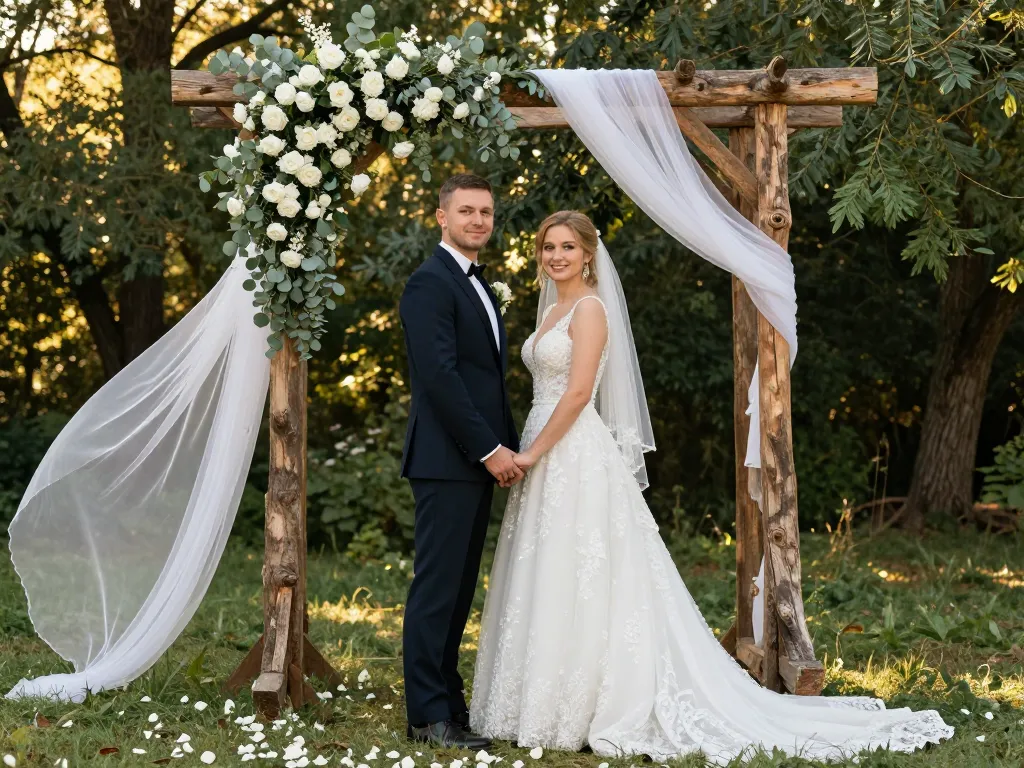 Couple de mariés devant une arche de mariage en bois massif décorée de fleurs blanches dans un jardin champêtre.