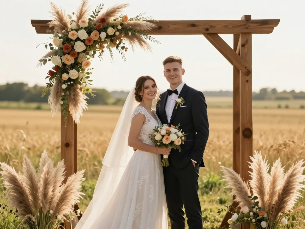 Arche de mariage en bois naturel décorée de fleurs champêtres et voilages dans une prairie au coucher du soleil avec un couple de mariés.