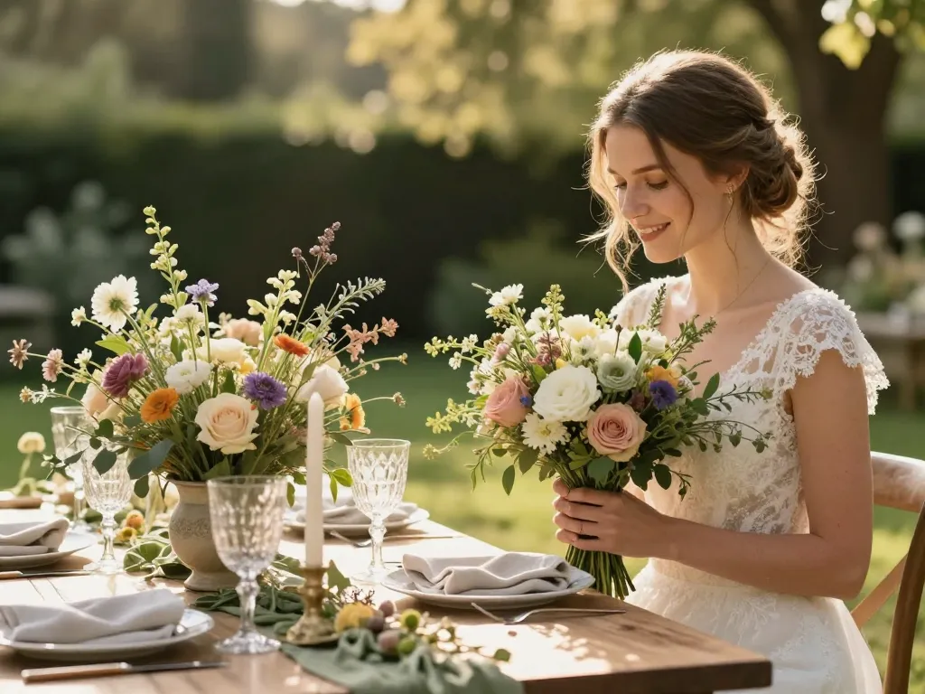 Mariée tenant un bouquet de fleurs de saison devant une table de mariage éco-responsable élégamment décorée avec des matières naturelles et du verre recyclé.
