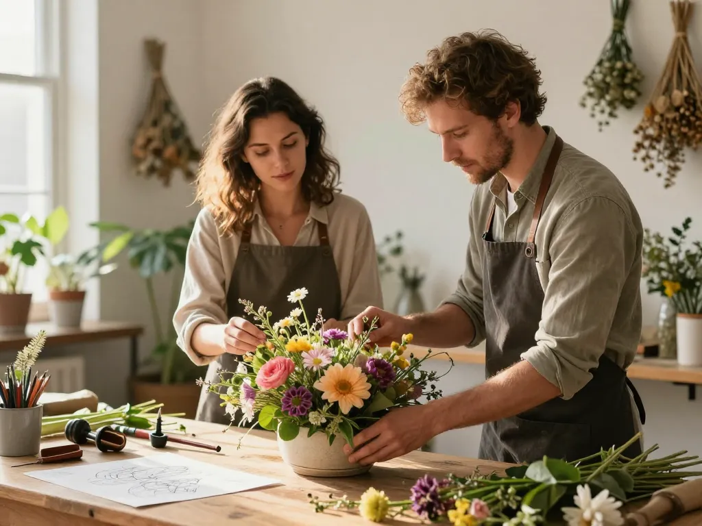 Deux décorateurs de mariage créant une composition florale avec des fleurs locales et durables dans un atelier ensoleillé.