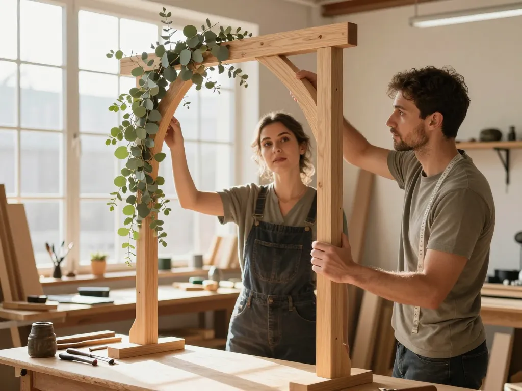 Artisans menuisiers travaillant sur la fabrication d'une arche de mariage en bois naturel dans un atelier lumineux.