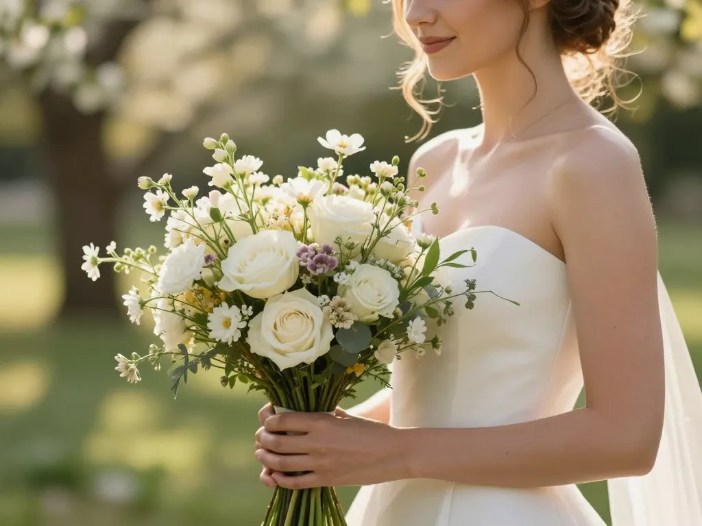 Bouquet de mariée élégant composé de fleurs des champs et de roses blanches tenu par une femme en robe de dentelle lors d'un mariage champêtre.