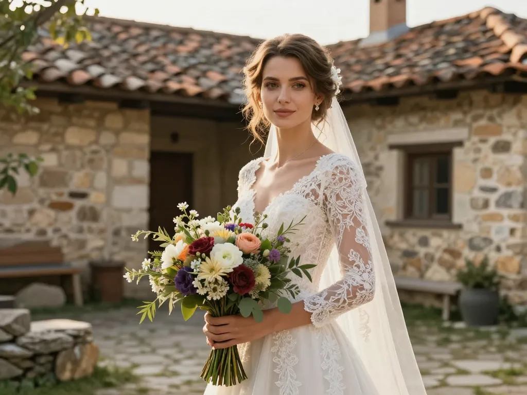 Mariée élégante tenant un bouquet de fleurs de saison devant un mur en pierre d'un domaine de mariage authentique.
