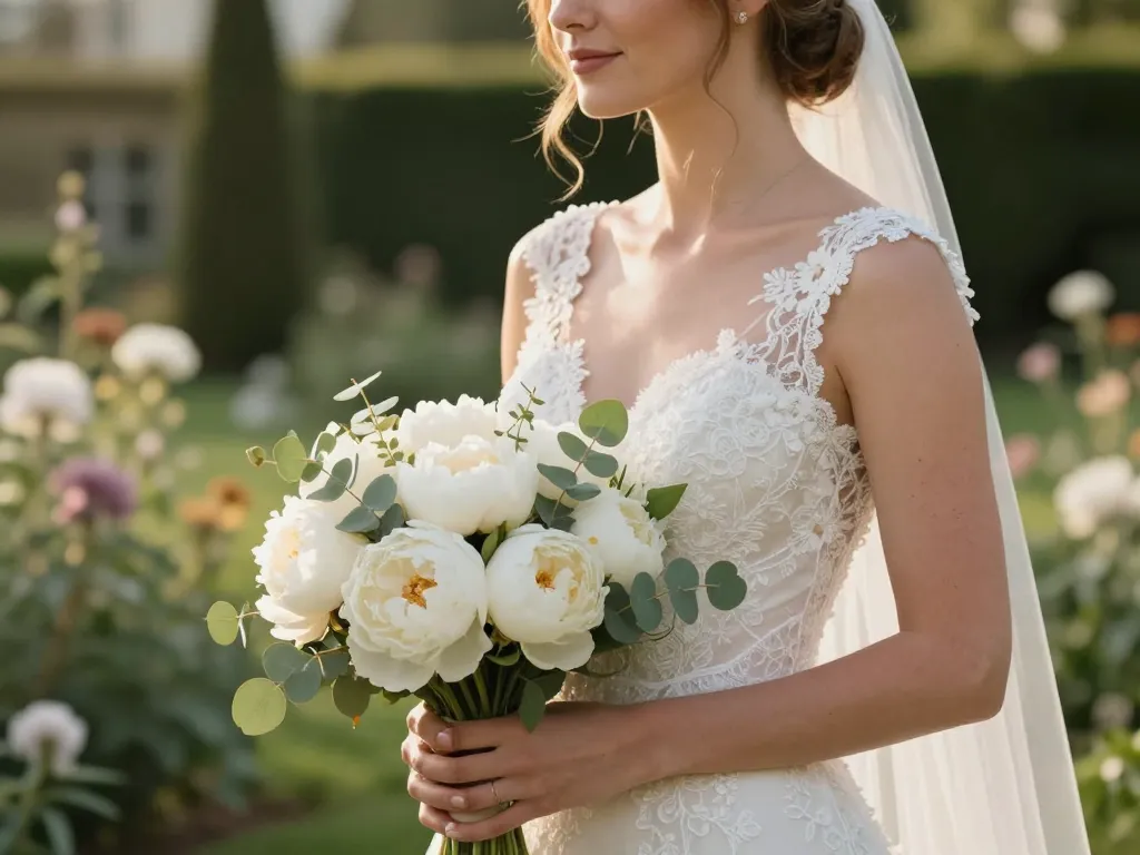 Vue rapprochée d'une mariée tenant un bouquet de fleurs blanches et d'eucalyptus dans un décor de mariage romantique.