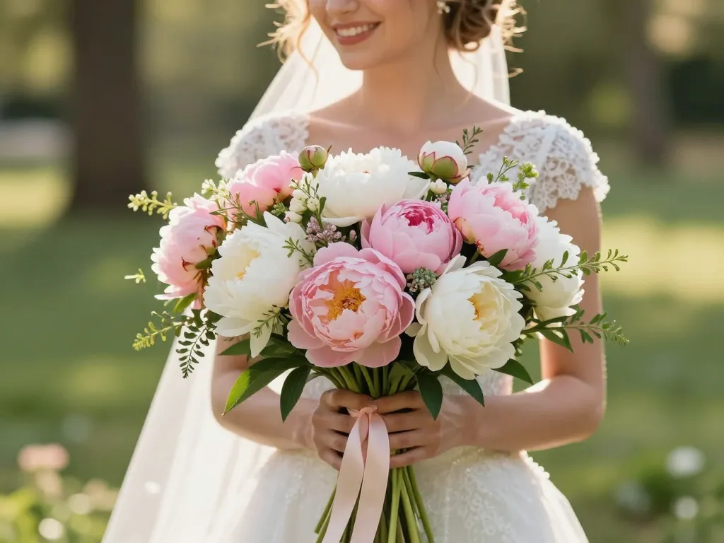 Gros plan d'un bouquet de mariée composé de pivoines roses et blanches avec des végétaux de saison dans un jardin lumineux.