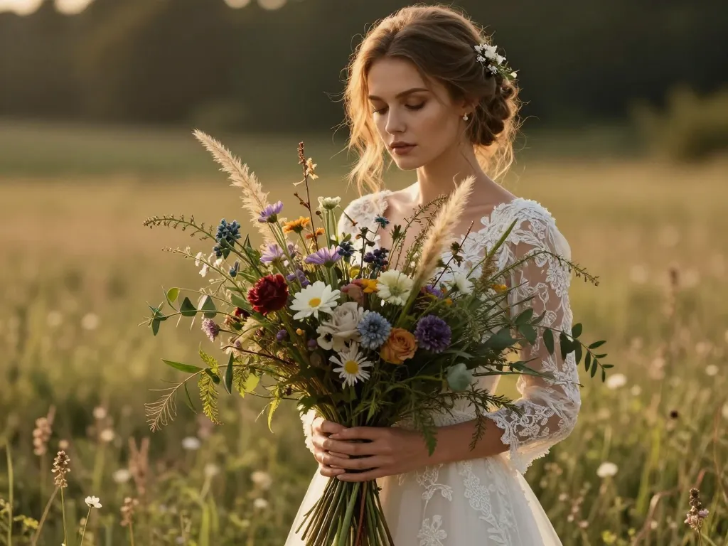 Mariée élégante tenant un volumineux bouquet de fleurs sauvages et champêtres dans un décor de mariage bohème en plein air.