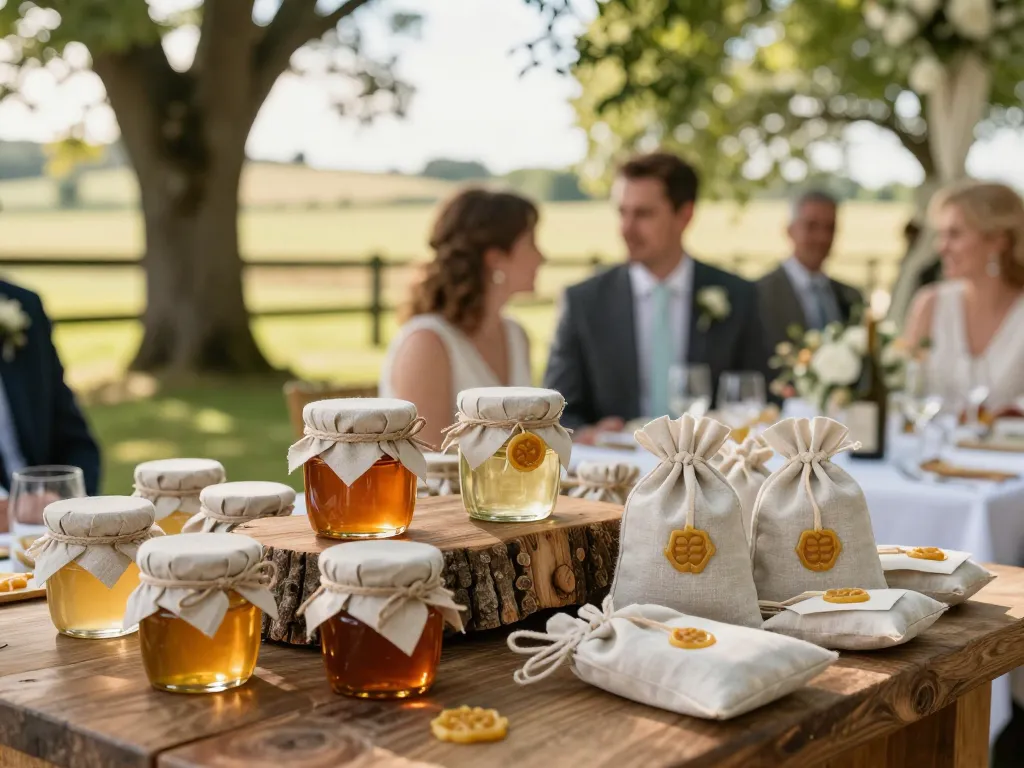 Décoration de mariage champêtre présentant des cadeaux d'invités artisanaux comme des pots de miel et des sachets en tissu sur un meuble en bois brut.