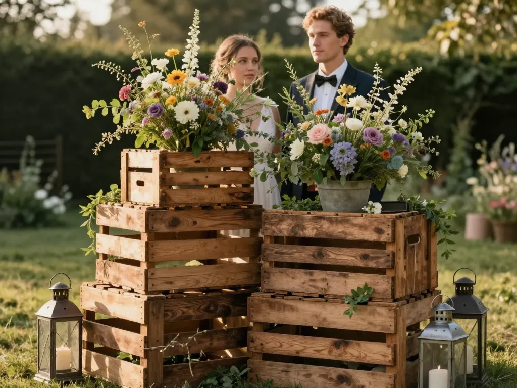 Aménagement décoratif de mariage utilisant des caisses en bois recyclées et des fleurs fraîches dans un style champêtre chic.