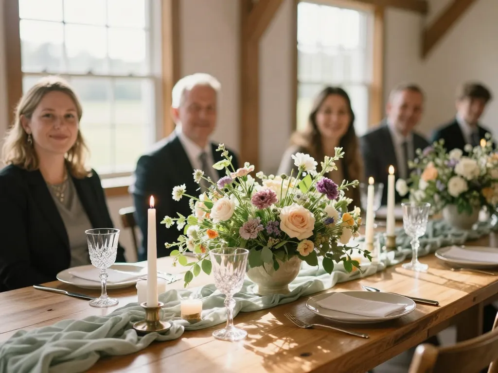Décoration de table de mariage champêtre avec un centre de table floral composé de fleurs sauvages et de bougies sur une table en bois massif.