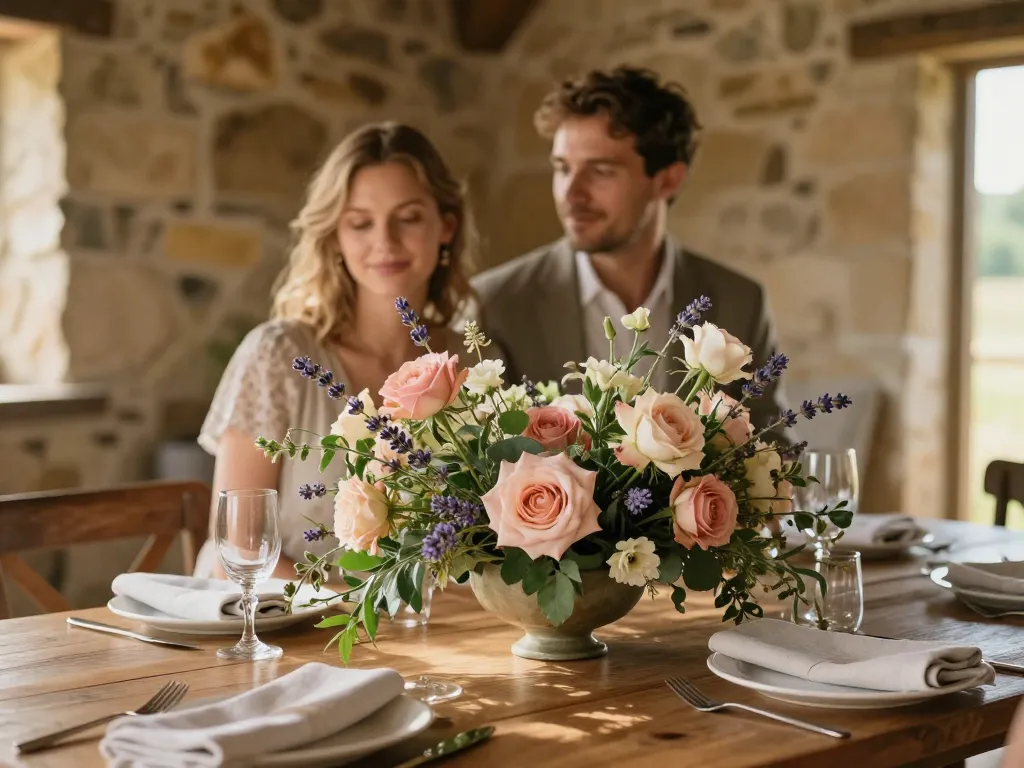 Décoration de table de mariage au style champêtre avec un centre de table floral élégant et des matières naturelles.