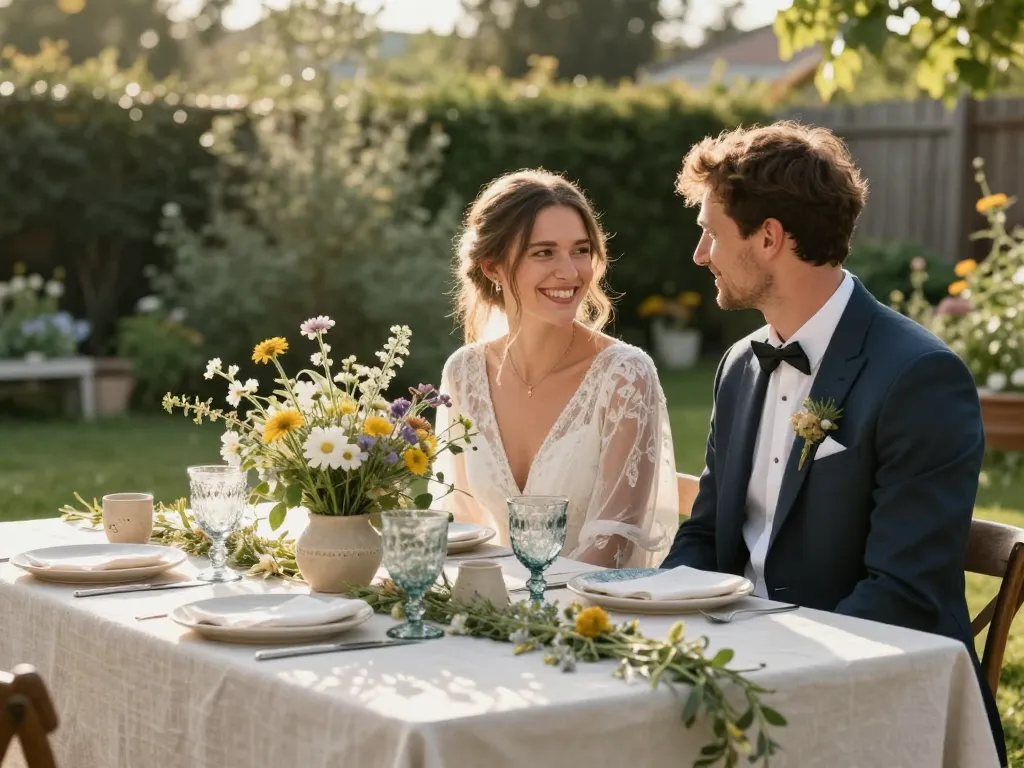 Couple de mariés devant une table de mariage éco-responsable élégamment décorée de fleurs séchées et de vaisselle artisanale en extérieur.