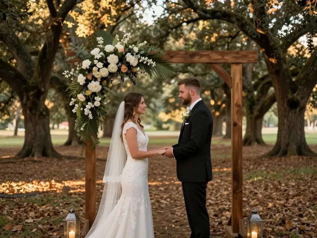 Scénographie d'une cérémonie de mariage laïque en pleine forêt avec une arche florale sous des chênes centenaires.