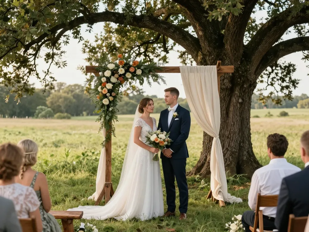 Mariés échangeant des sourires devant une arche fleurie en bois lors d'une cérémonie laïque écoresponsable en extérieur.