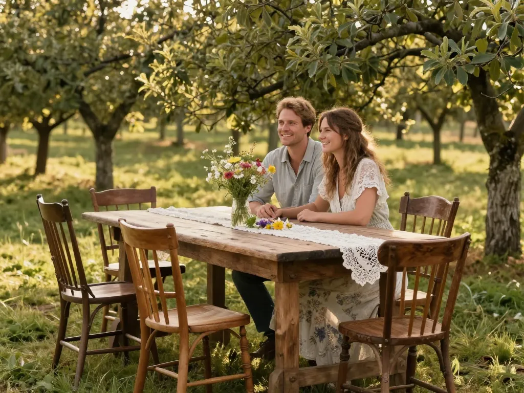 Une rangée de chaises en bois vintage dépareillées autour d'une table de mariage champêtre dans un verger baigné de lumière.