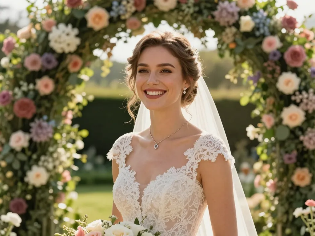 Portrait d'une mariée rayonnante nommée Chloé devant une arche fleurie spectaculaire lors d'un mariage en plein air.