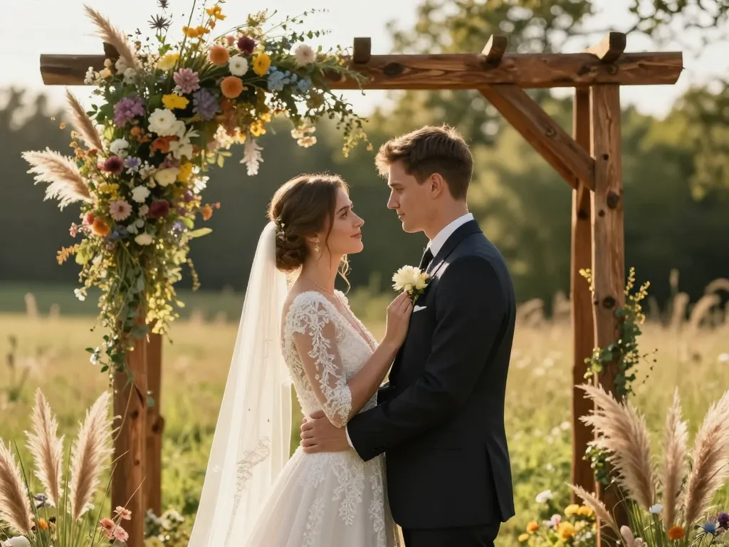 Un couple de mariés s'enlaçant devant une arche fleurie en bois au cœur d'un champ pour un mariage champêtre chic.