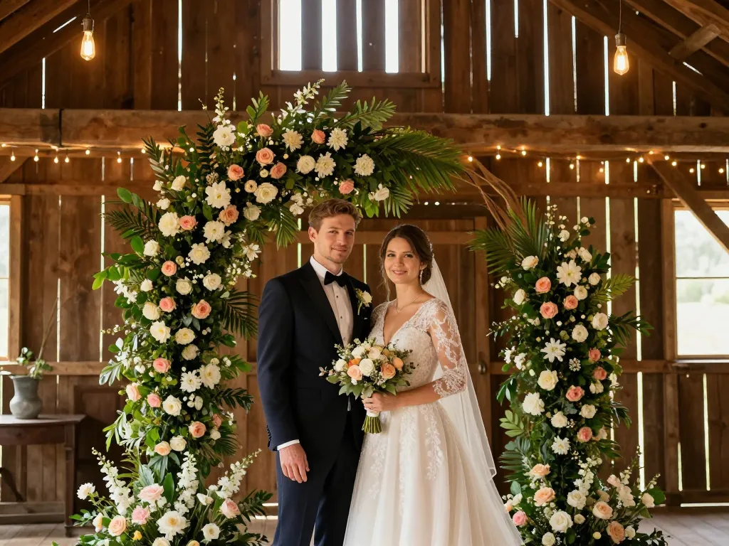 Décoration de mariage authentique dans une grange avec arche fleurie, guirlandes lumineuses et couple élégant.