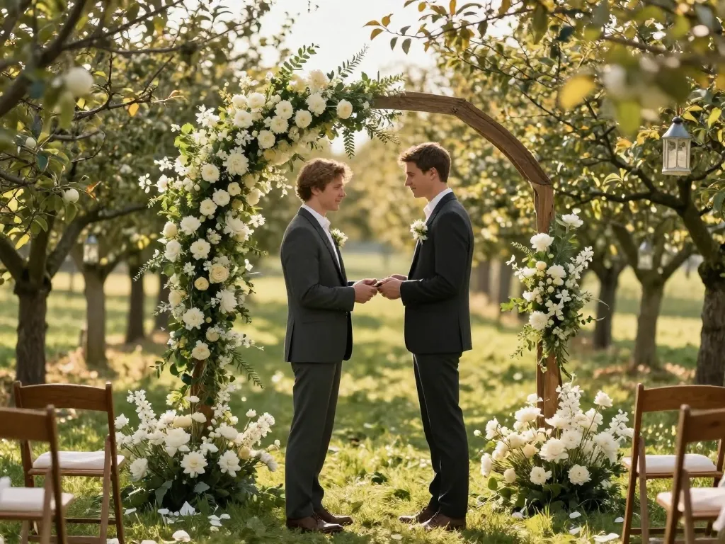 Décoration de cérémonie laïque en extérieur dans un verger avec une arche fleurie élégante et des chaises en bois rustiques.