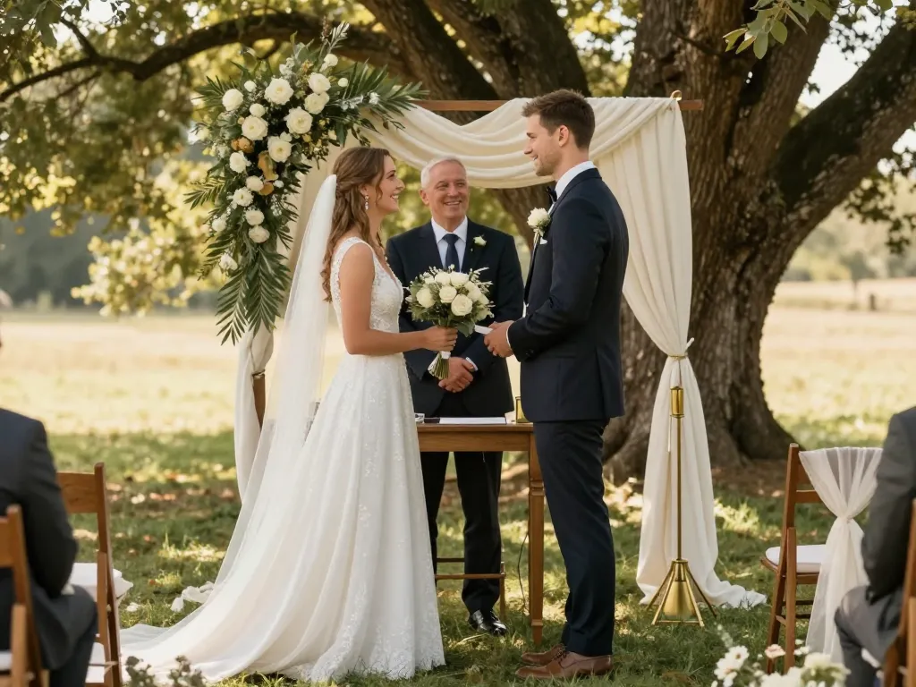 Couple de mariés devant une arche de cérémonie laïque décorée de bois massif et de tissus en lin naturel.