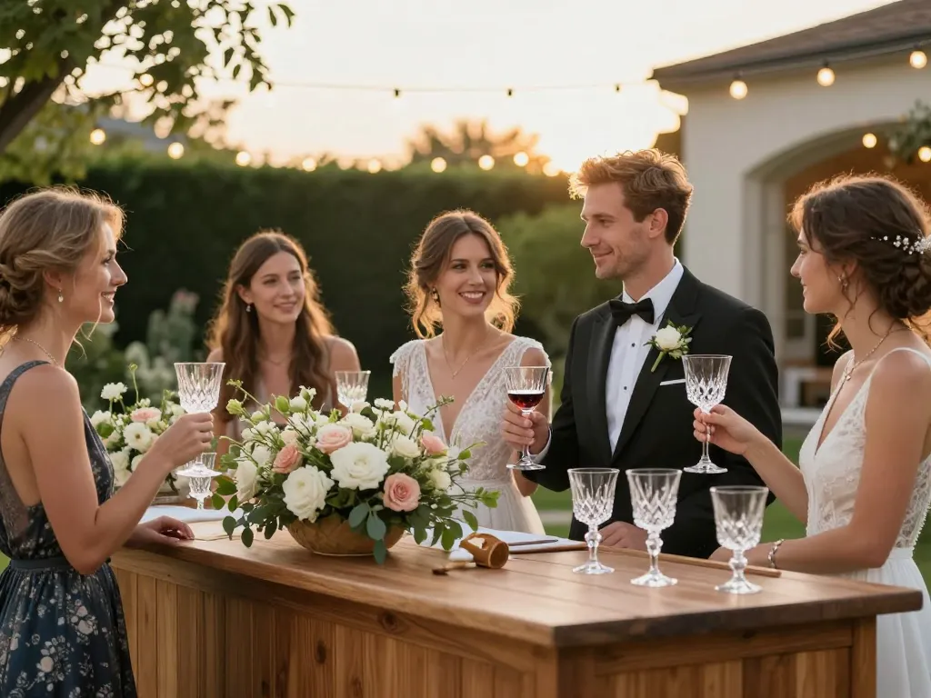 Décoration raffinée d'un espace cocktail de mariage en plein air avec buffet fleuri et ambiance festive.