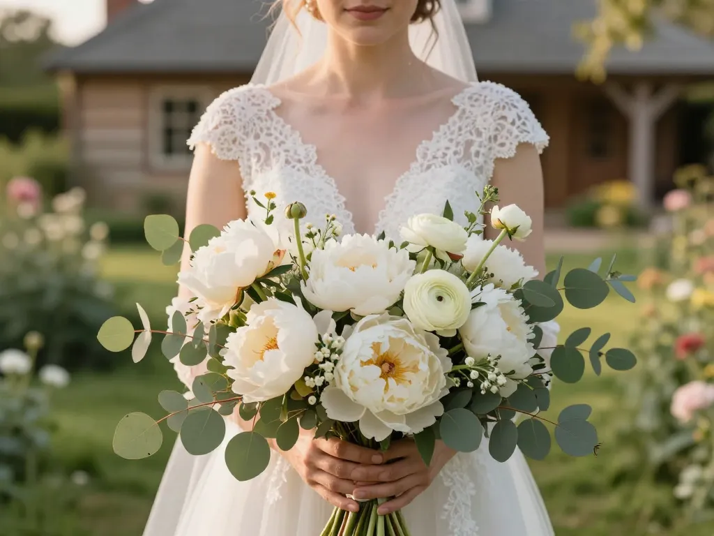Détail d'un bouquet de mariée élégant avec pivoines et fleurs des champs pour un mariage champêtre chic.