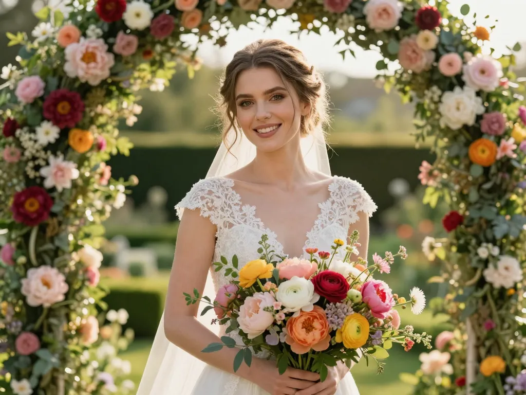Portrait de Manon, une mariée souriante tenant son grand bouquet de fleurs de saison devant une arche florale élégante dans un jardin.
