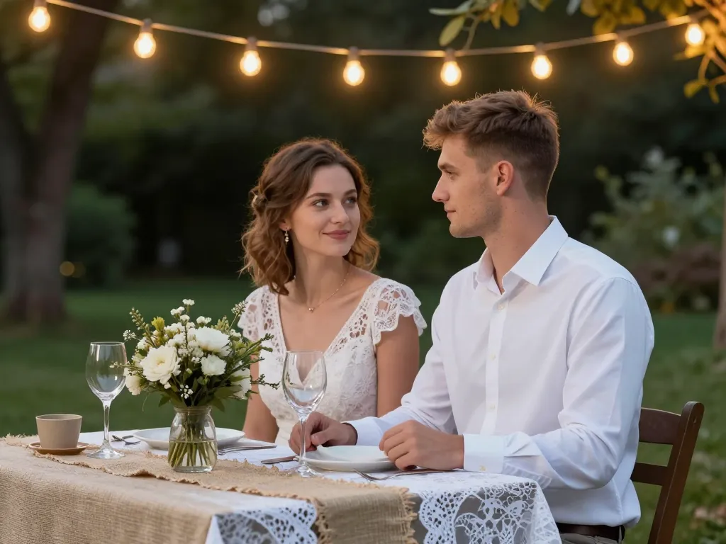 Détail d'une décoration de table de mariage romantique avec chemin de table en toile de jute, dentelle blanche et éclairage d'ambiance guinguette.