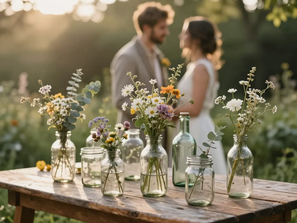 Décoration de mariage éco-responsable avec des bocaux en verre de récupération et des fleurs sauvages sur une table champêtre.