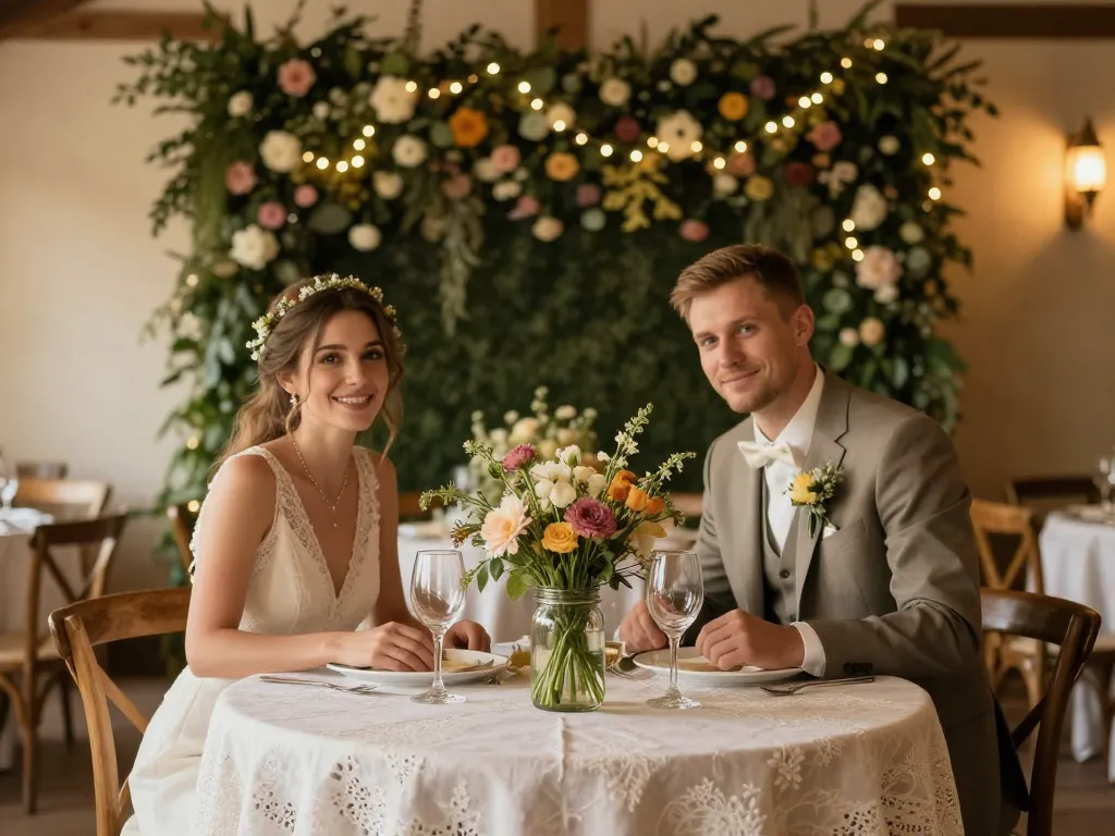 Un couple souriant à une table de mariage décorée de centres de table en bocaux recyclés devant un grand mur de fleurs coloré.