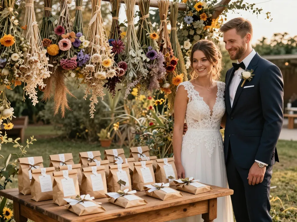 Décoration de mariage bohème avec un mur de fleurs séchées suspendues et des cadeaux pour les invités sur une table rustique.