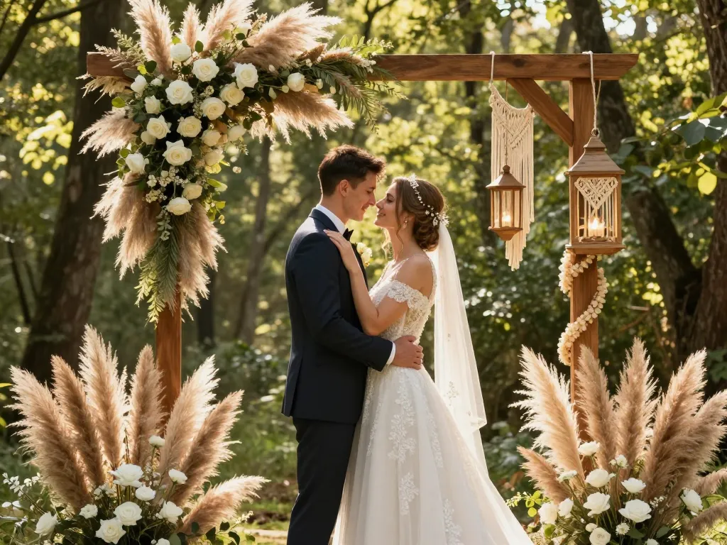 Une mariée radieuse devant une arche de fleurs séchées et pampas lors d'une cérémonie de mariage bohème en pleine nature.