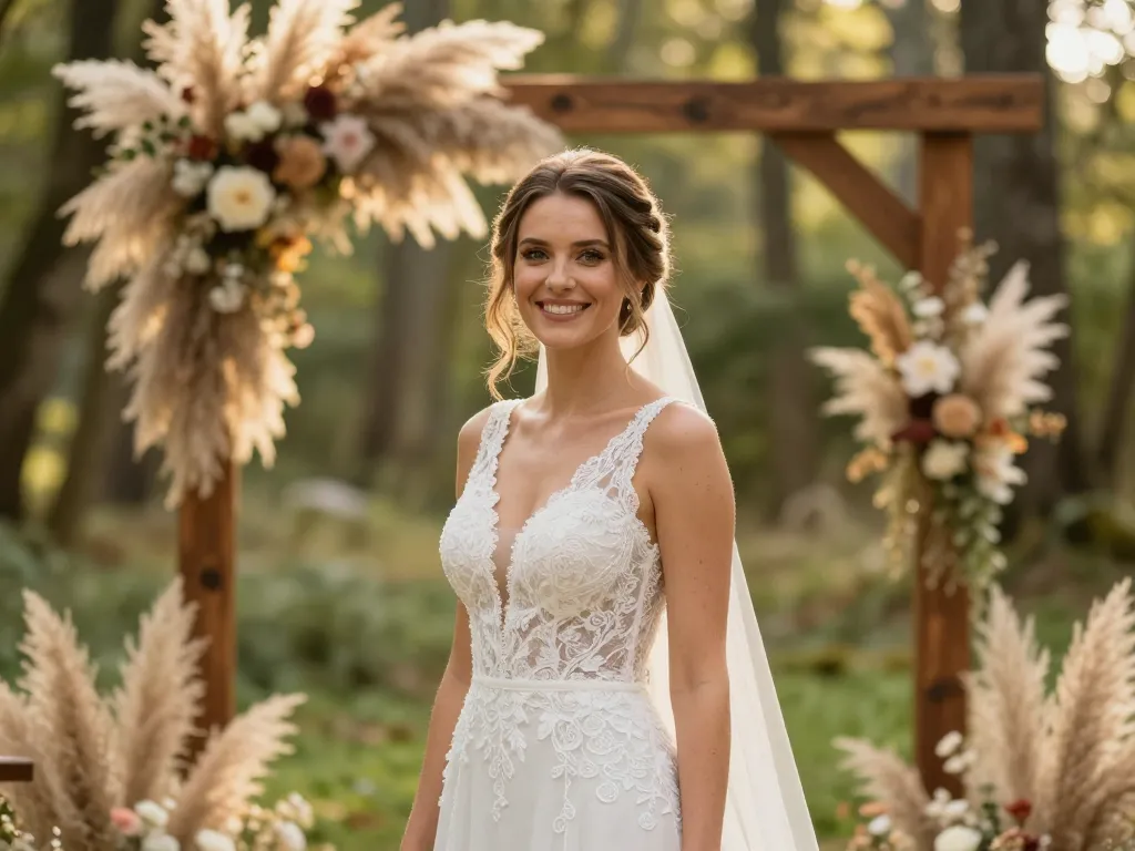 Portrait d'une mariée rayonnante nommée Julie devant une arche fleurie au style bohème et naturel en forêt.
