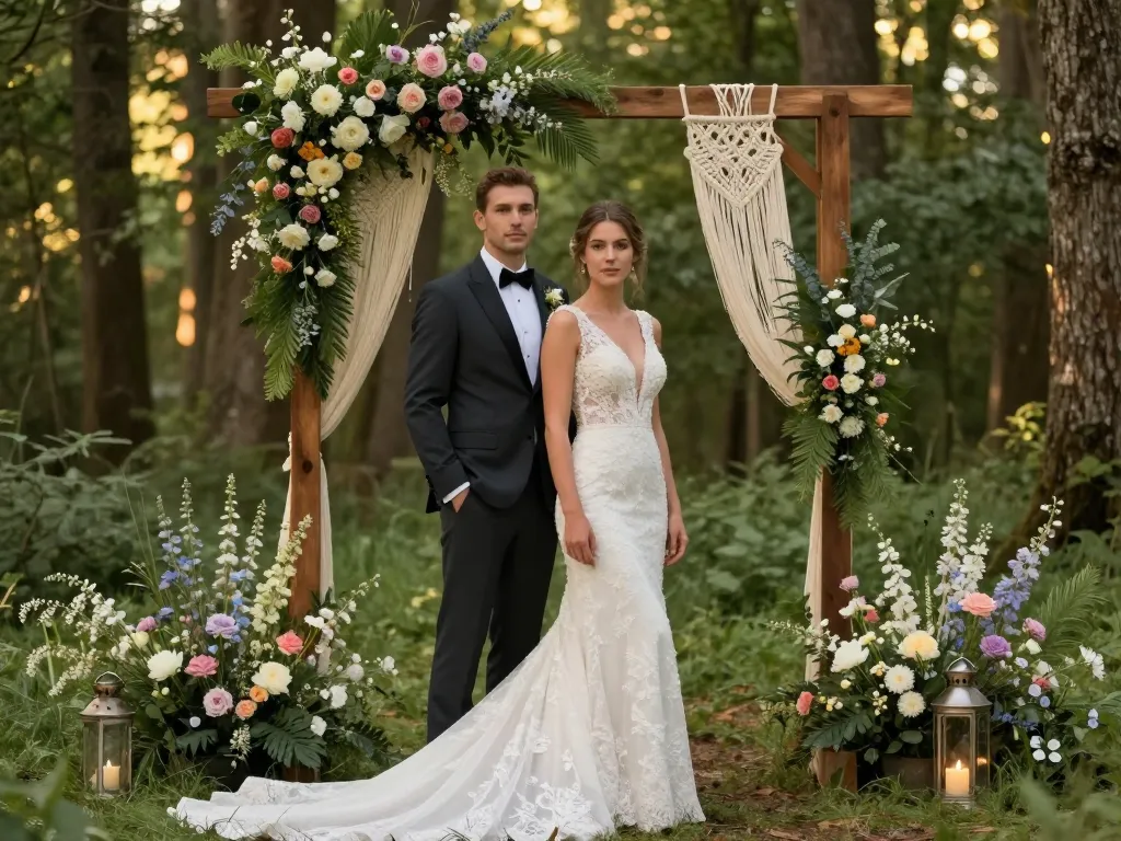 Mariée souriante devant une arche florale en bois et des herbes de la pampa lors d'une cérémonie de mariage en pleine nature.