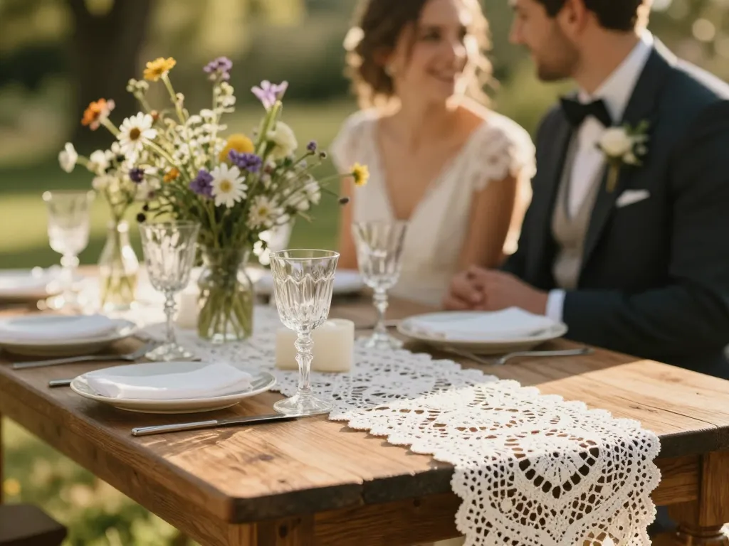 Décoration de mariage authentique avec un chemin de table en dentelle sur une table en bois brut et des compositions florales de saison.