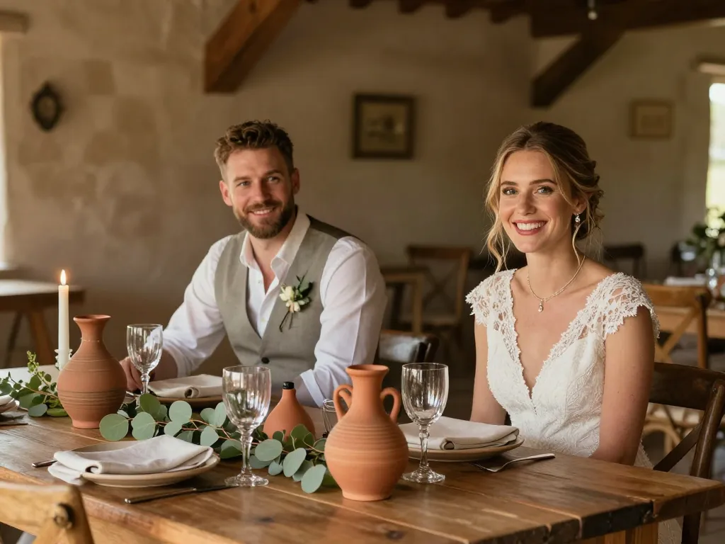 Décoration de table de mariage avec du bois brut, des vases en terre cuite et des feuillages d'eucalyptus avec un couple en arrière-plan.