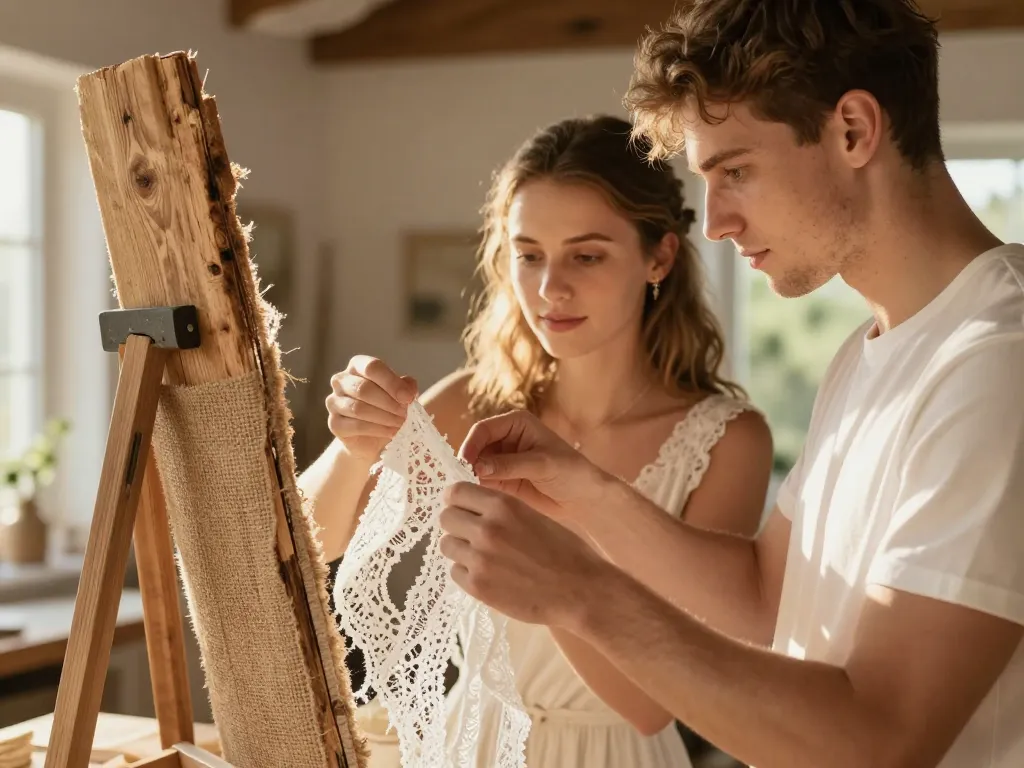 Couple fabriquant une décoration de mariage champêtre avec du bois de récupération et de la dentelle fine.