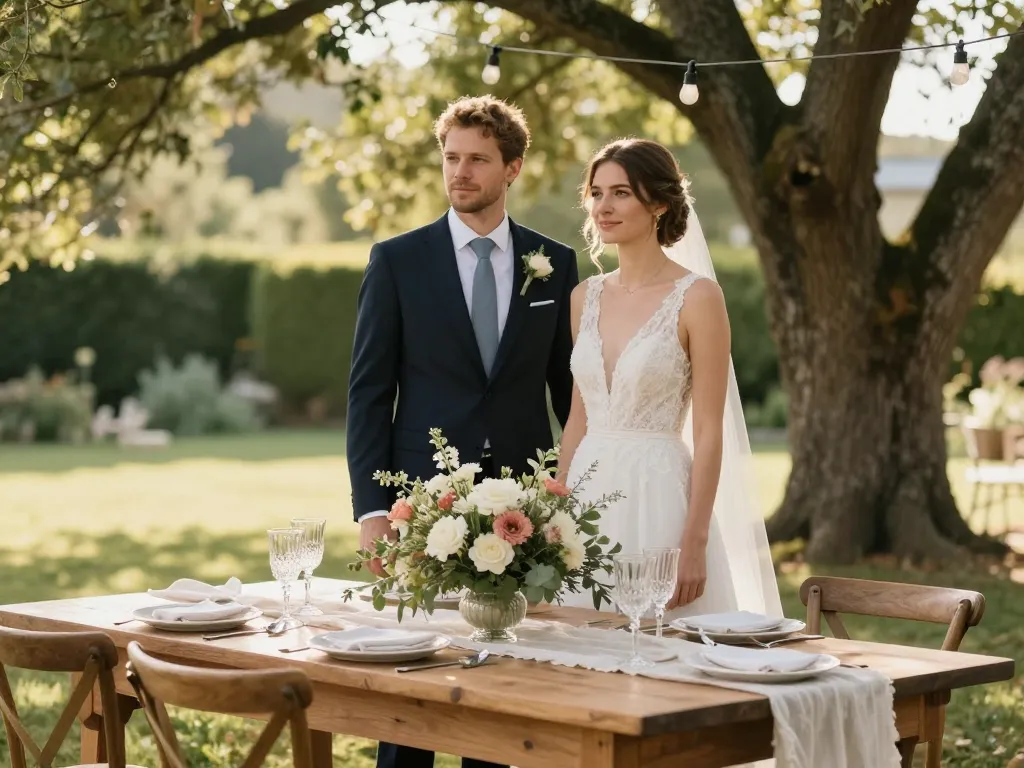 Décoration de table de mariage en bois brut avec compositions florales et bougies dans un jardin romantique et élégant.