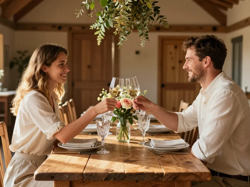 Mariés attablés lors d'un banquet de mariage avec une décoration élégante en bois massif et fleurs blanches dans une grange de luxe.