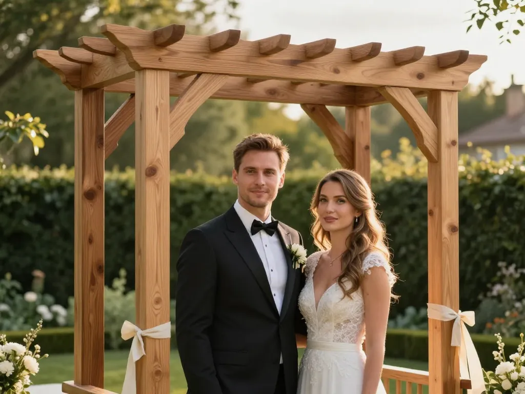 Arche de mariage artisanale en chêne massif avec décorations florales dans un jardin baigné de lumière.