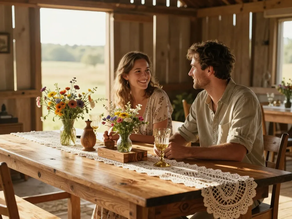 Décoration de mariage avec une grande table en bois brut, centres de table champêtres et vaisselle vintage dans une grange élégante.