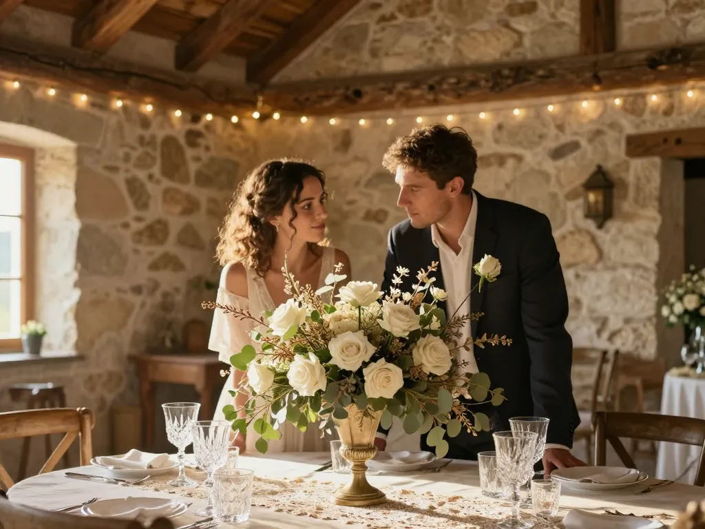 Décoration de table de mariage bucolique dans une grange avec centre de table floral et couple élégant en arrière-plan.