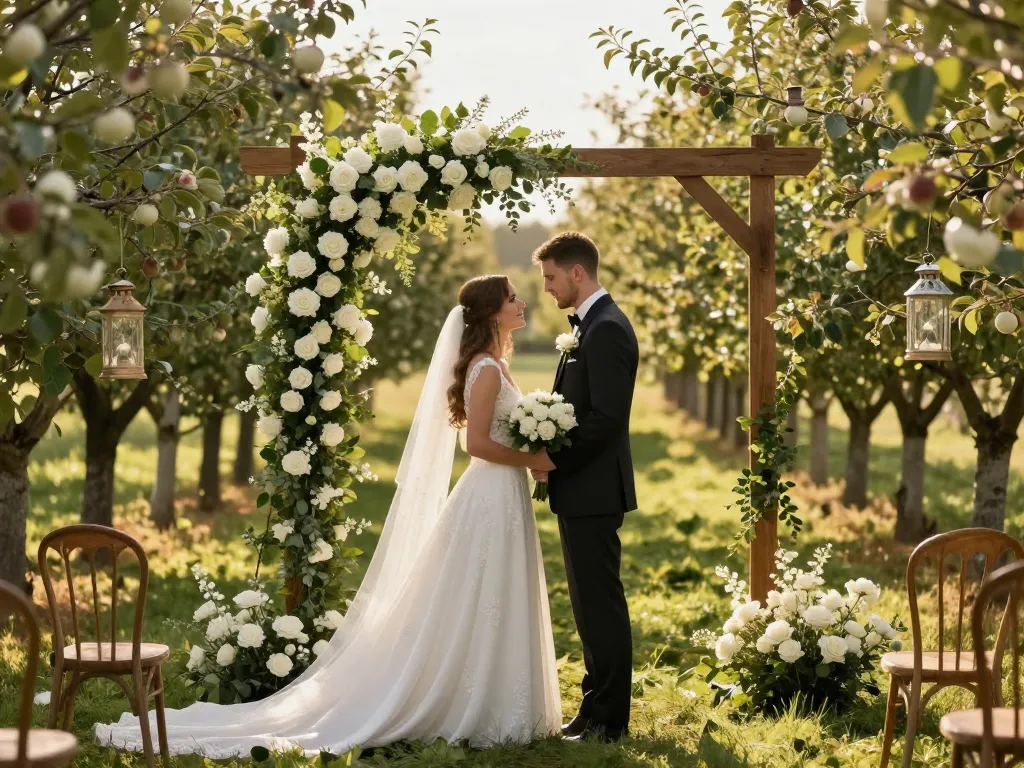 Décoration de cérémonie de mariage romantique dans un verger avec une arche fleurie et un couple élégant.