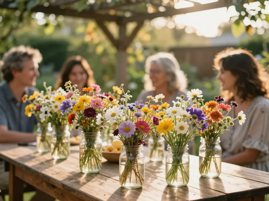 Décoration de mariage champêtre avec des bocaux de fleurs sauvages colorées sur une grande table en bois lors d'une réception en extérieur.