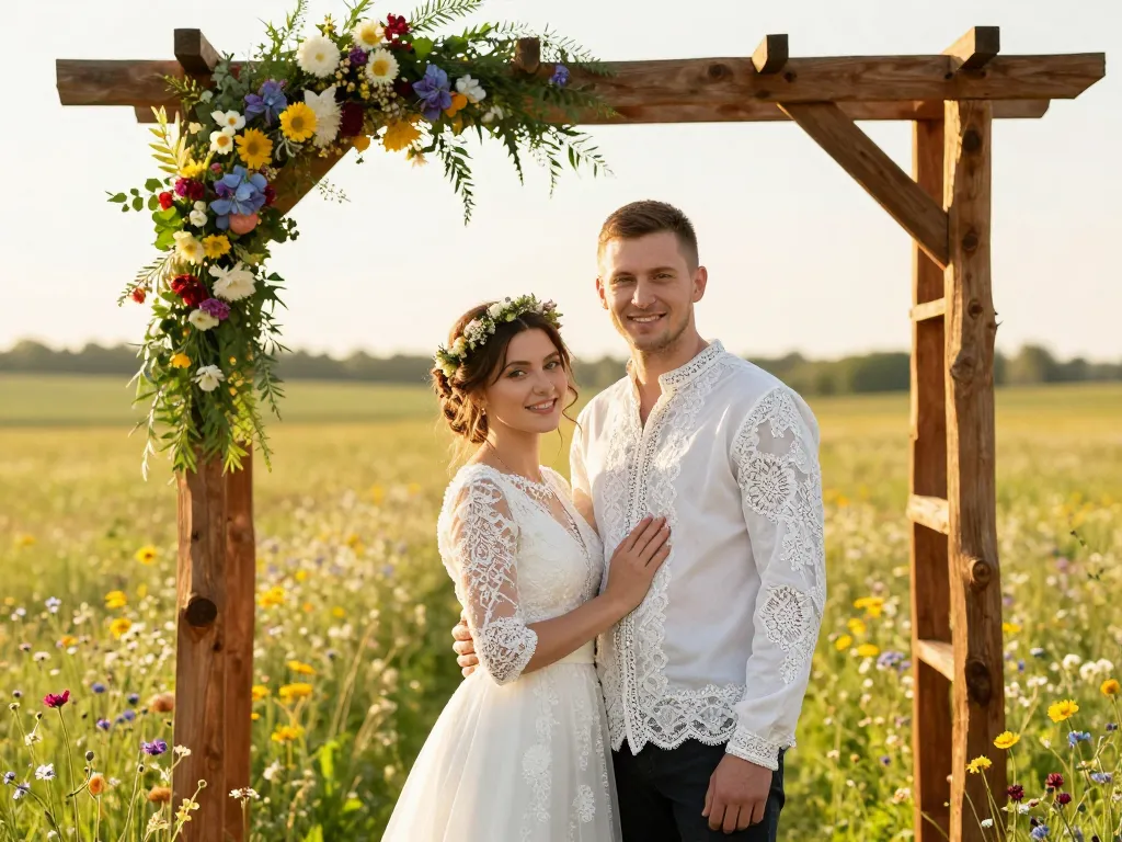 Couple élégant lors d'un mariage champêtre chic devant une arche fleurie en plein air.