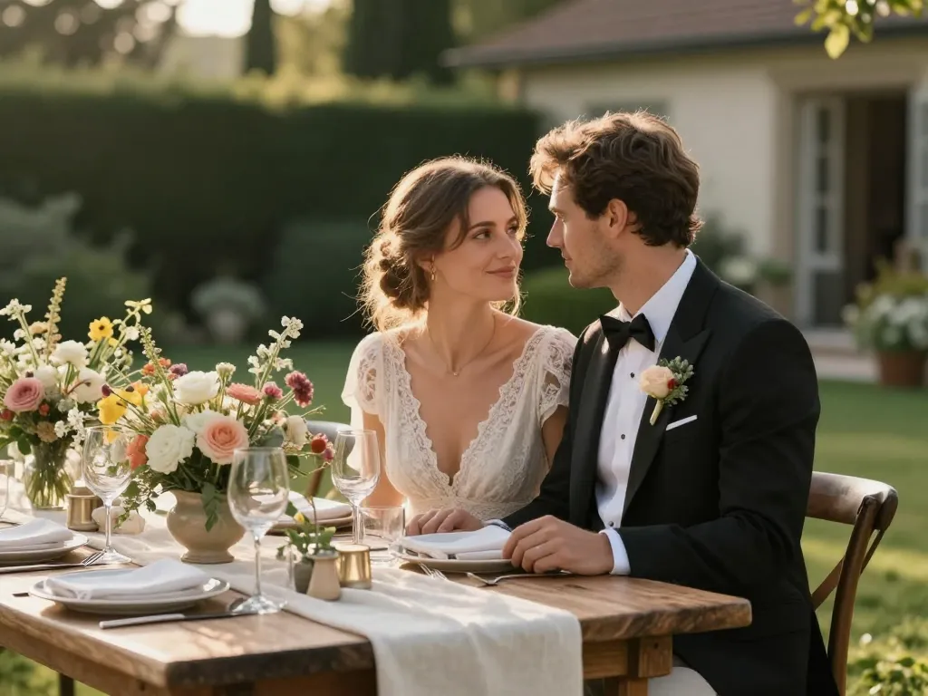 Couple de mariés devant une table de réception élégante et fleurie dans un domaine champêtre pour une décoration sur mesure.