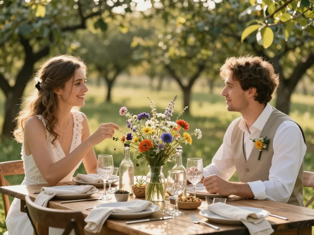 Couple de mariés souriants devant une décoration de table champêtre et éco-responsable sous un chêne avec des lanternes en bois.